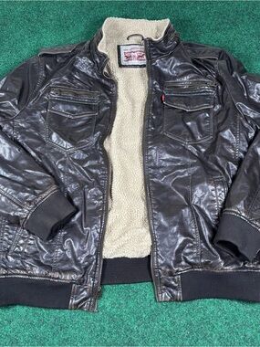 Levi Strauss Mens Brown Faux Leather Sherpa Lined Aviator Bomber Jacket Sz XXL